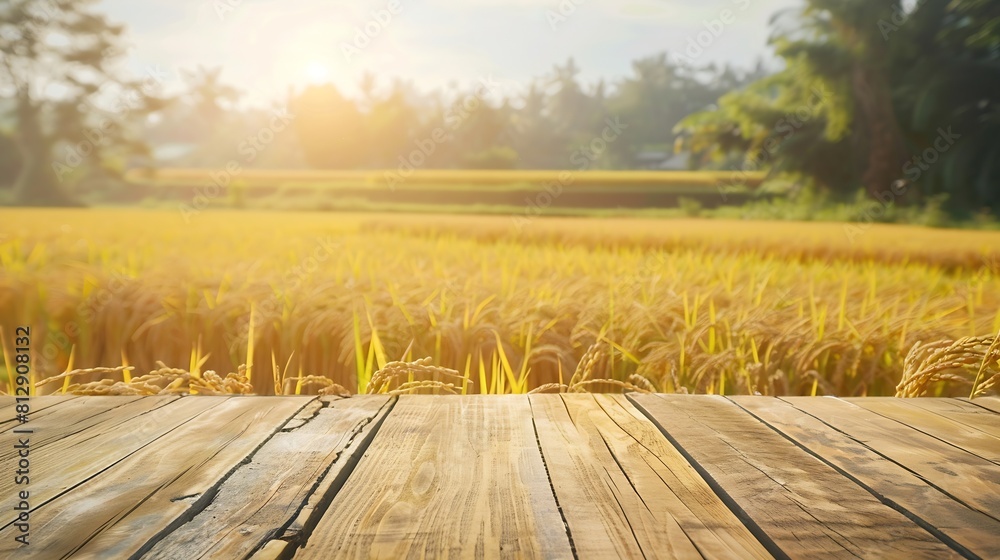 Poster Wooden table top on blur rice field background in daytimeHarvest rice or whole wheatFor montage product display or design key visual layoutView of copy space : Generative AI