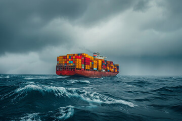 Gigantic container vessel on expansive ocean, freight containers in assorted colors, under cloudy skies. AI generated.