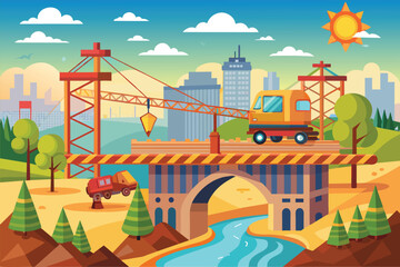 A truck is crossing a bridge in this customizable cartoon illustration, Bridge construction Customizable Cartoon Illustration