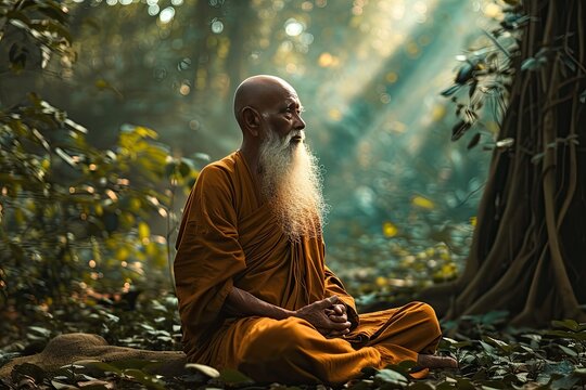 old monk with wise and serene expression, long white beard, saffron robe, sitting cross-legged in green forest