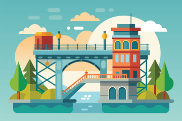 Naklejka premium A bridge crossing a river with a building constructed on top, showcasing urban architecture, Bridge construction Customizable Semi Flat Illustration