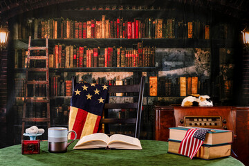 Old radio and American flag draped over chair with retro looking library background