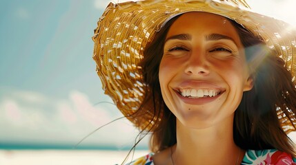 pretty attractive slim smiling woman on sunny beach in summer style fashion trend outfit happy freedom wearing white top jeans and colorful printed tunic boho style chic and straw hat : Generative AI