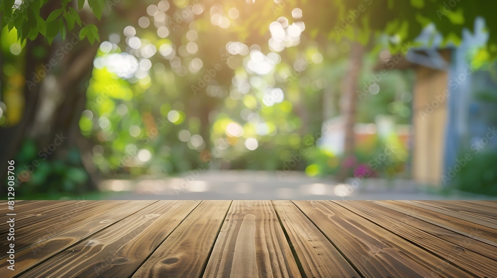 Poster empty wood table top on blur abstract green from garden and house in morning backgroundfor montage p