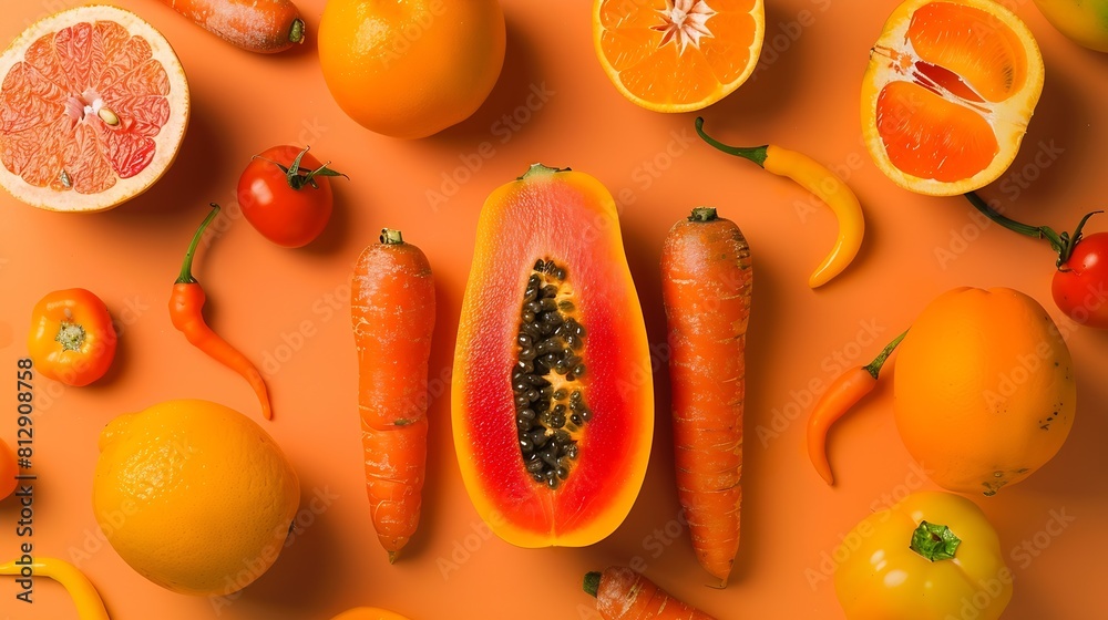 Aufkleber creative layout made of carrot papaya orange grapefruit apricot melon tangerine curcuma and pepper o