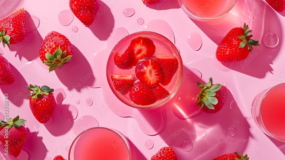 Poster creative layout made of strawberry juice and strawberry flat lay food concept macro concept : genera