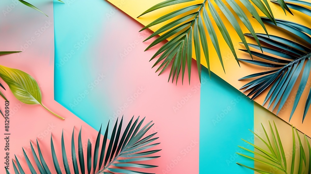 Wall mural tropical bright colorful background with exotic painted tropical palm leaves minimal fashion summer 