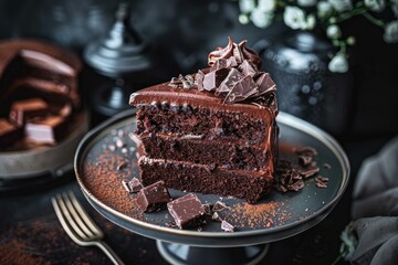 Delicious slice of chocolate layer cake with rich frosting and chocolate shavings on a dark moody background