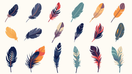 Hand drawn set of colorful bird feathers parrots an