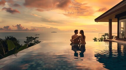 a young couple of men and women at a swimming pool during a vacation on a tropical island man and woman in infinity pool during sunset luxury vacation in Thailand pool of a luxury pool : Generative AI