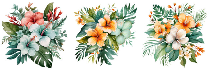 Three vibrant watercolor flowers in different colors - red, blue, and yellow - displayed against a clean white background