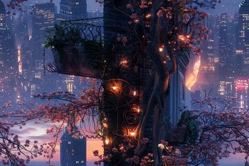 Illustrate an enchanting rooftop garden suspended above a busy cityscape