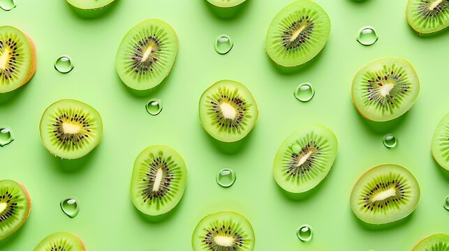 Creative layout made of green kiwi on the green background with dots Flat lay Food concept Macro  concept : Generative AI