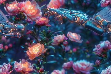 Imagine a cybernetic garden, towering holographic flowers bloom under a neon-lit sky, a robotic hand delicately holding a vintage love letter