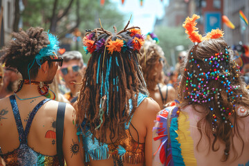 Vibrant back view of women with colorful hairstyles and outfits celebrating at a Pride parade together