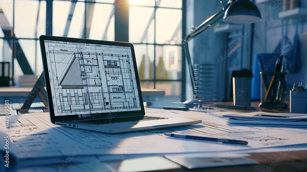 Leinwandbilder Digital blueprint by architecture design software on laptop screen with documents and blueprint layout on office table seamless integration of technology and traditional drafting metho : Generative AI