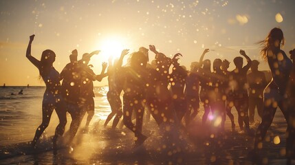 Fototapeta premium group of happy young people dancing and spraying at the beach on beautiful summer sunset : Generative AI