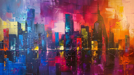 Fototapeta premium A colorful cityscape with a lot of buildings and a lot of oil paint splatters