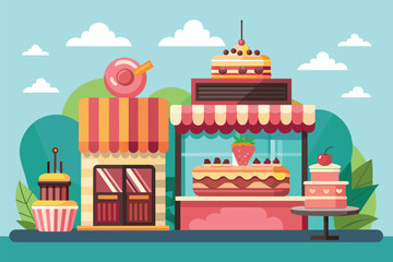 An illustration of a cake shop with a large donut placed on top of the building, Cake shop Customizable Disproportionate Illustration