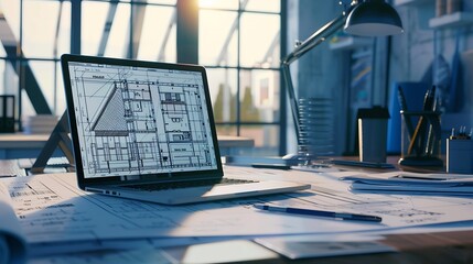Digital blueprint by architecture design software on laptop screen with documents and blueprint layout on office table seamless integration of technology and traditional drafting metho : Generative AI