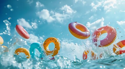 Action photo in the outdoor swimming pool with splashes and waves of inflatable doughnuts buoys rings falling down over sky : Generative AI