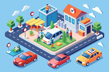 People standing around a car dealership, looking at vehicles and talking to sales representatives, Car rental Customizable Isometric Illustration
