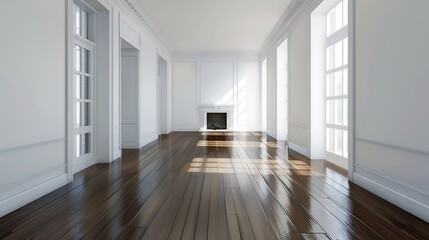 An empty living room with hardwood flooring and white walls on either side of the room there is a fire place in the : Generative AI
