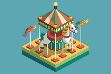 Obraz premium A merry go round with a horse carousel spinning, Carousel horse Customizable Isometric Illustration