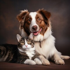 Fototapeta premium A dog and a cat are sitting together, posing for a photo outdoors