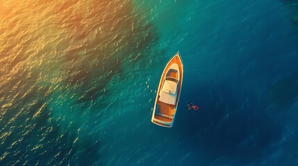 Aerial view of the speed boat in clear blue water at sunset in summer Top view from drone of fast floating yacht in mediterranean sea Travel in Oludeniz Turkey Tropical landscape with  : Generative AI - Powered by Adobe