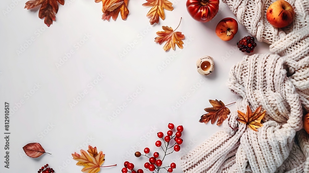 Aufkleber autumn layout warm knitted plaid and autumn leaves fruits berries on a white background hello autumn