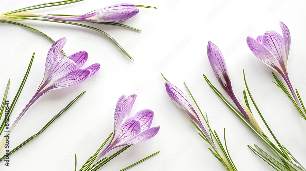 Poster Crocus spring flowers Lilac crocuses on stem with leaves creative layout isolated on white background Springtime themes Top view flat lay Design element : Generative AI