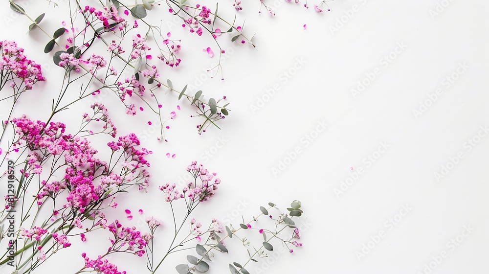 Poster flowers composition frame made of of pink gypsophila flowers and eucalyptus branches on white backgr