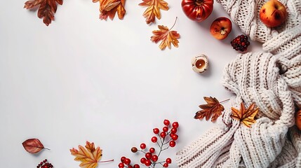 autumn layout warm knitted plaid and autumn leaves fruits berries on a white background hello autumn : Generative AI