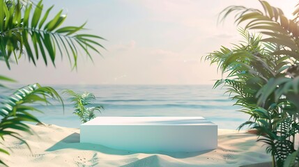 Summer tropical background Podium on sand beach on sea background Mock up for the exhibitions Presentation of products 3d render : Generative AI