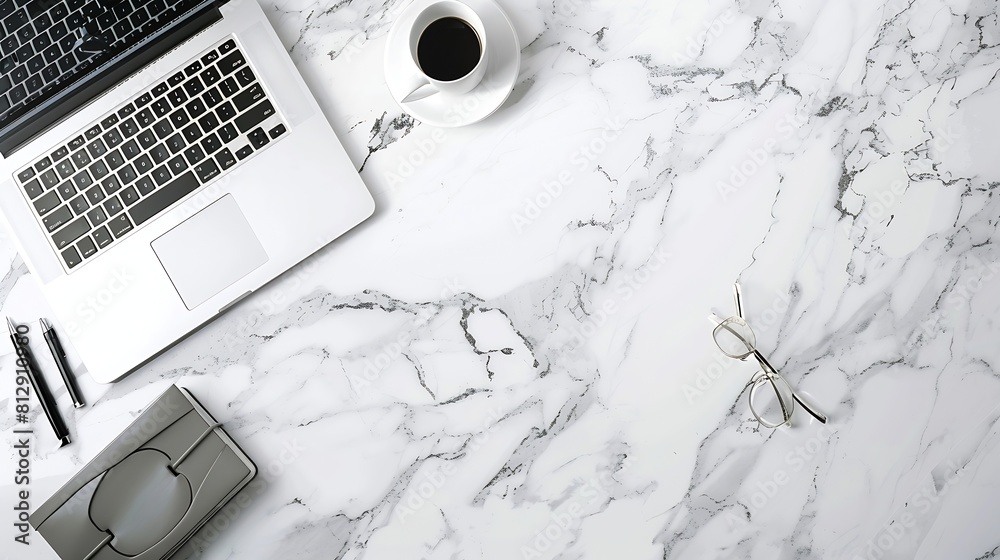 Aufkleber white marble office desk table with laptop computer and supplies top view with copy space flat lay :