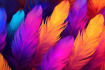 Obraz premium Colorful feathers, closeup, neon background