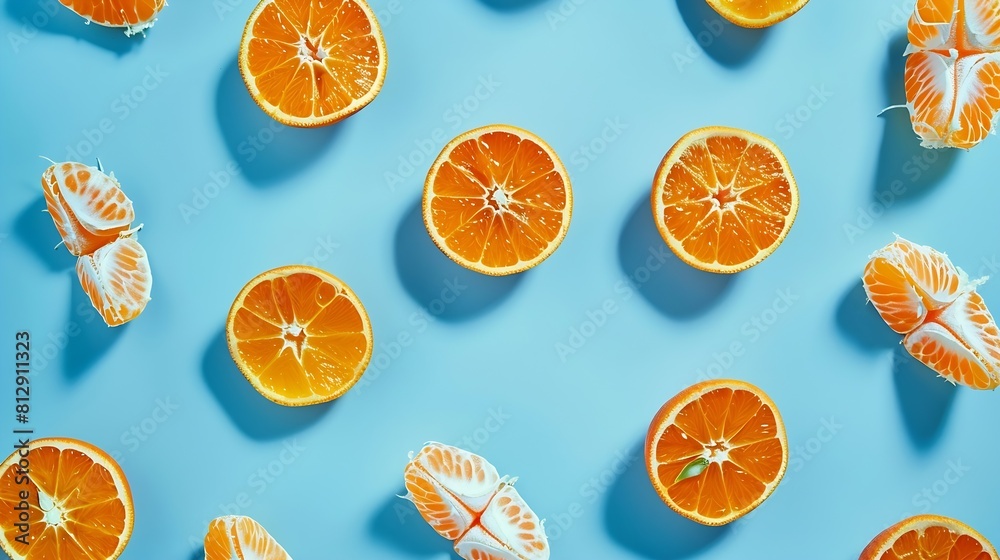 Poster fruit pattern of fresh mandarin slices on blue background flat lay top view pop art design creative 