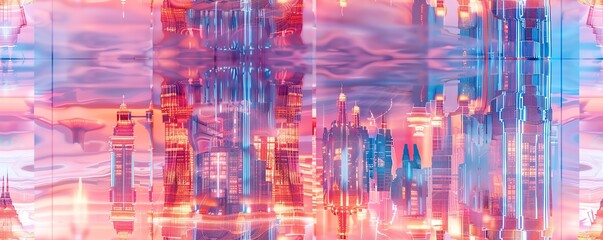 Capture a frontal view of a utopian cityscape in virtual reality, highlighting futuristic architecture and vibrant colors