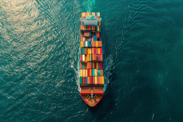 Fototapeta premium Aerial view of a large container ship in the ocean, a patchwork of colorful containers on board. AI generated.