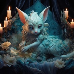 Mystical creature surrounded by candles and dark floral elements in a fantasy setting.