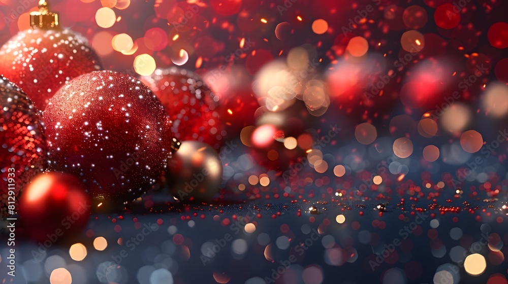 Poster sparkling red christmas ornaments and bokeh lights festive background for happy new year