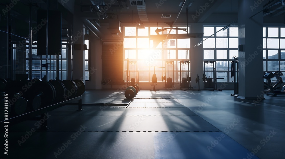 Poster empty gym and interior space or dark room with window and light flare for exercise training and fitn