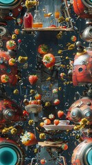 Naklejka premium Capture the aerial view of a robot chef skillfully blending traditional culinary techniques with futuristic flair