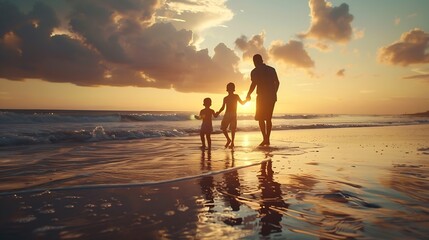 Fototapeta premium Father and children playing on the beach at the sunset time Concept of friendly family : Generative AI