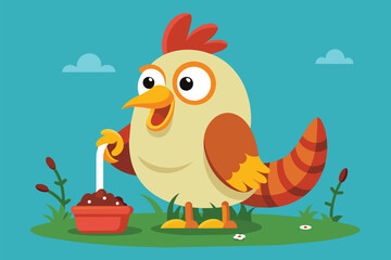 Cartoon chicken standing on top of a grassy field, Chicken eating a worm Customizable Flat Illustration