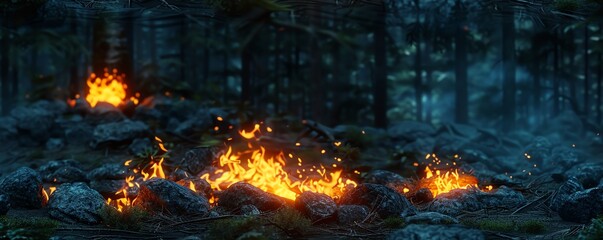 Capture the ethereal glow of a holographic campfire amidst a dense forest using hyper-realistic digital techniques Explore unique camera angles to immerse viewers in the fusion of 