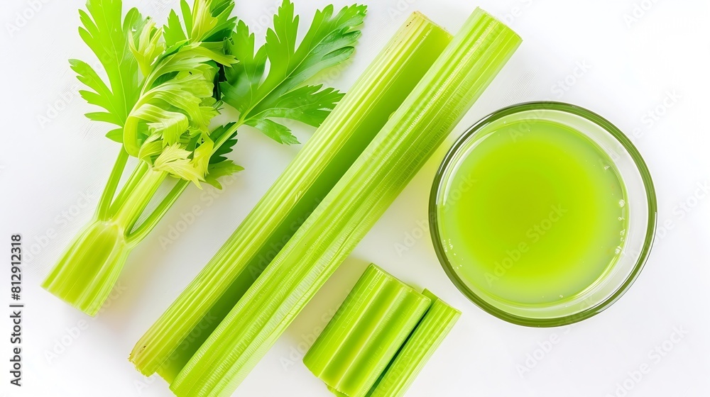 Leinwandbilder fresh green celery and glass with celery juice isolated on white background creative layout healthy 