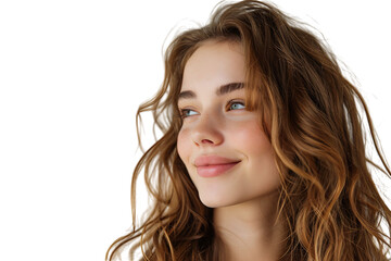 Fototapeta premium Portrait of satisfied glad lovely lady beaming smile look empty space on transparent background