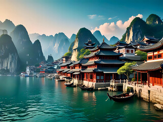 Obraz premium chinese temple at sunset